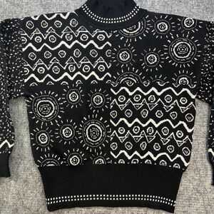 Vintage 90s Demetre Ski Sweater Women Large Black White Patterned Mock Neck